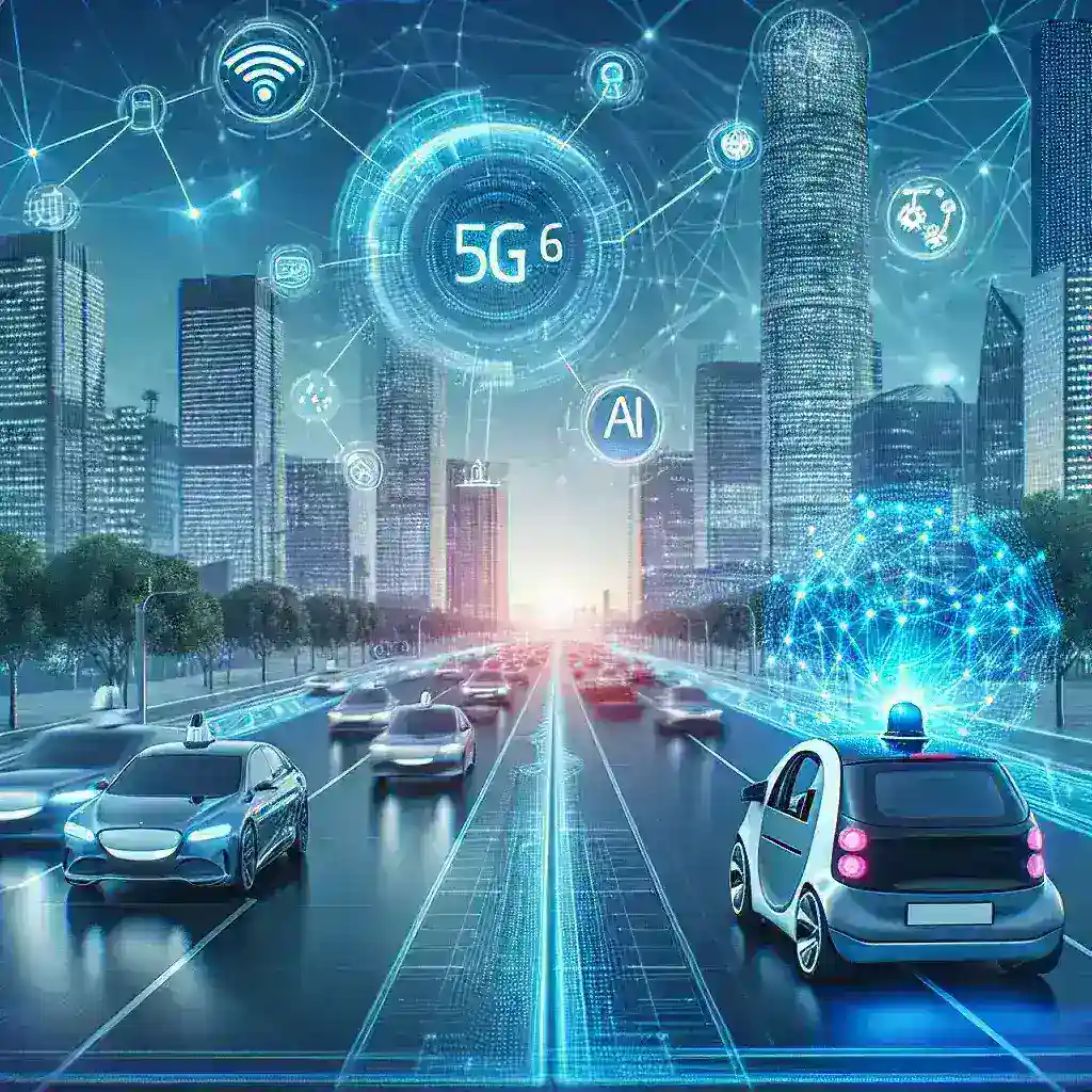 "Integración de tecnologías SDV, 5G-6G y AI en el transporte nacional, mostrando vehículos autónomos conectados y análisis de datos en tiempo real."