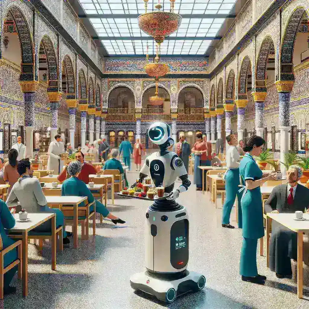 "Robots camareros en cafeterías internas de hospitales andaluces, mejorando el servicio y la eficiencia para pacientes y personal."